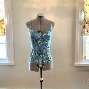 Express Design studio blue floral camisole with lace trim. Silk spandex blend